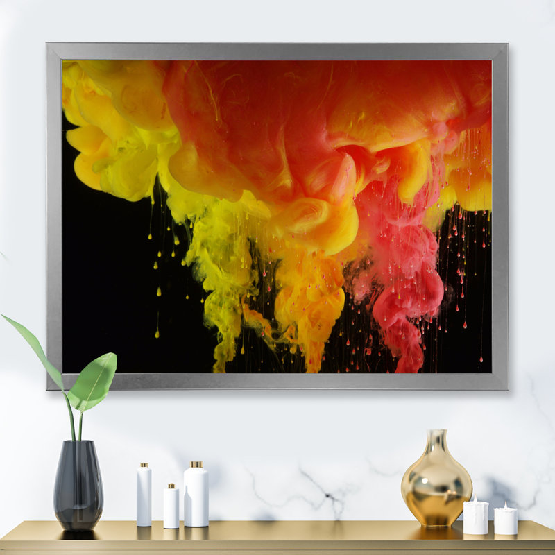 Rouge et jaune et encre liquide - Peinture sur toile, H 16 po x l 32 po x P 1 po, Cadre photo argenté