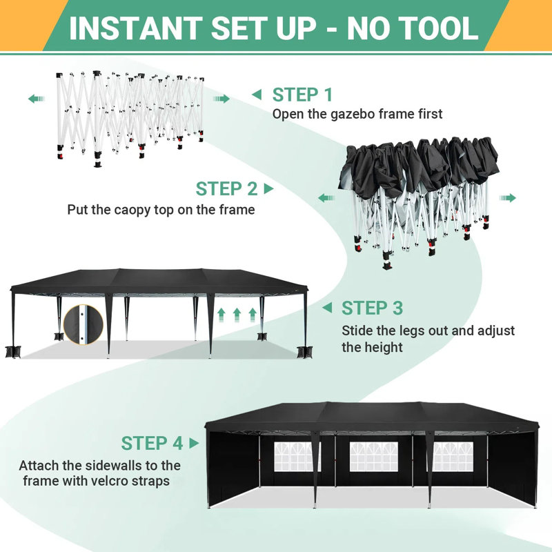 10x30 Pop Up Canopy Tent with Removable Sidewalls, Black