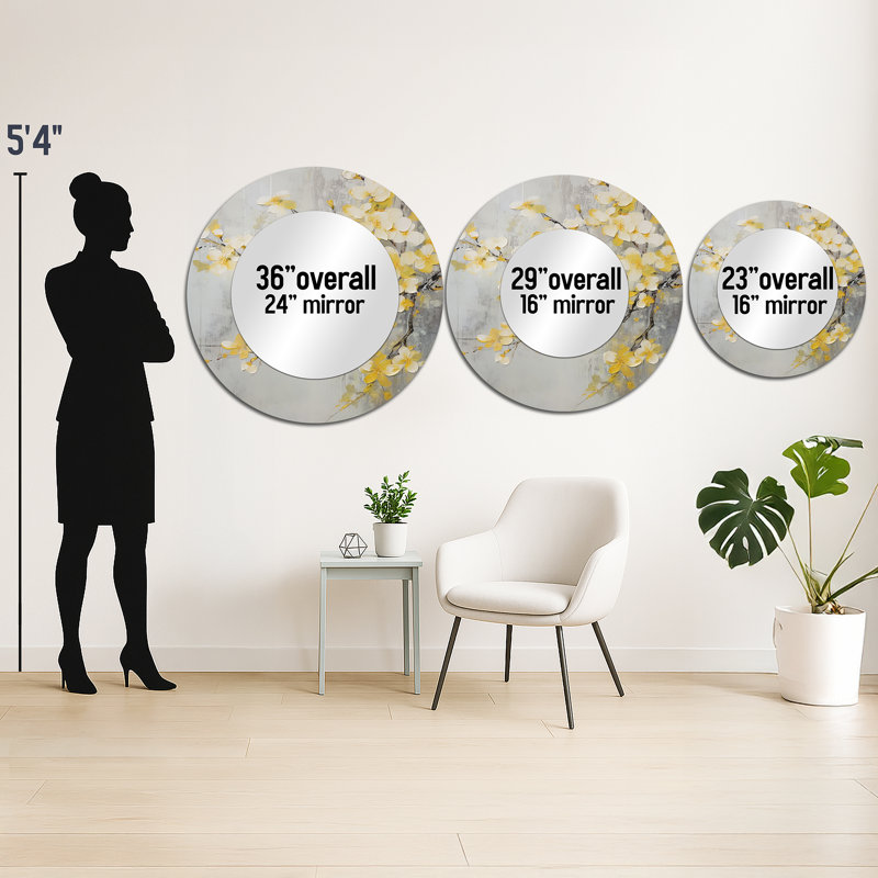 Apple Blossom Harmony XV - miroir mural unique en forme de pomme, miroir rond jaune, impression d'art en métal, 23 po x 23 po