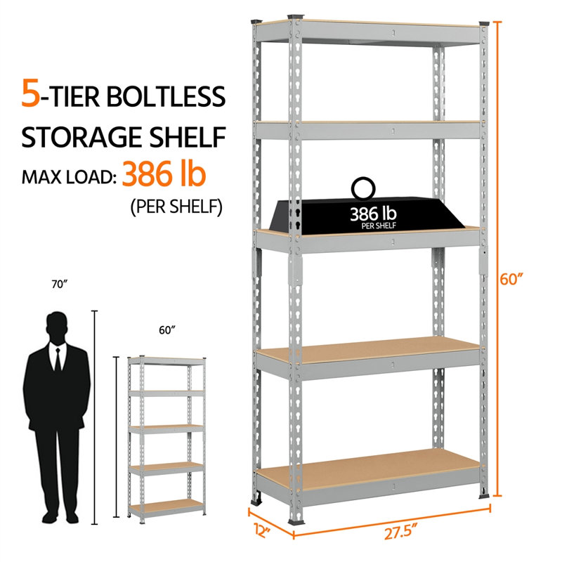 Tevis 60" H x 27.5" W x 12" D 5 Tiers Boltless Adjustable Storage Shelf Goods Rack, Light Gray