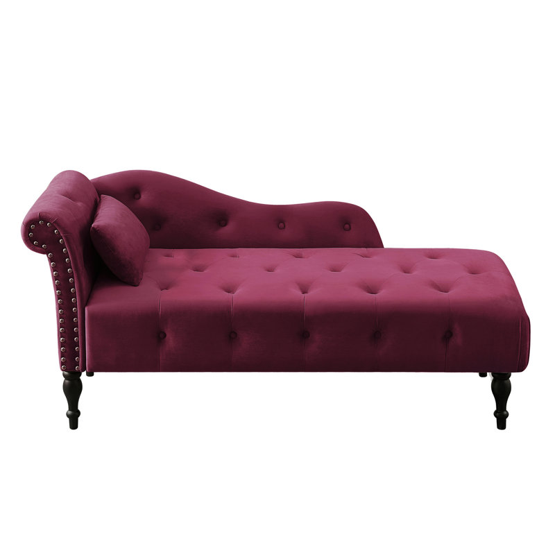 Aijia 60.6" Velvet Chaise Lounge Buttons Tufted Nailhead Trimmed Solid Wood Legs With 1 Pillow, Burgundy