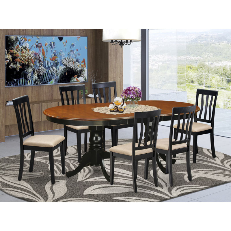 7 Piece Dining Table Set Consist of an Oval Dining Room Table with Butterfly Leaf and 6 Linen Fabric Chairs, Black & Cherry