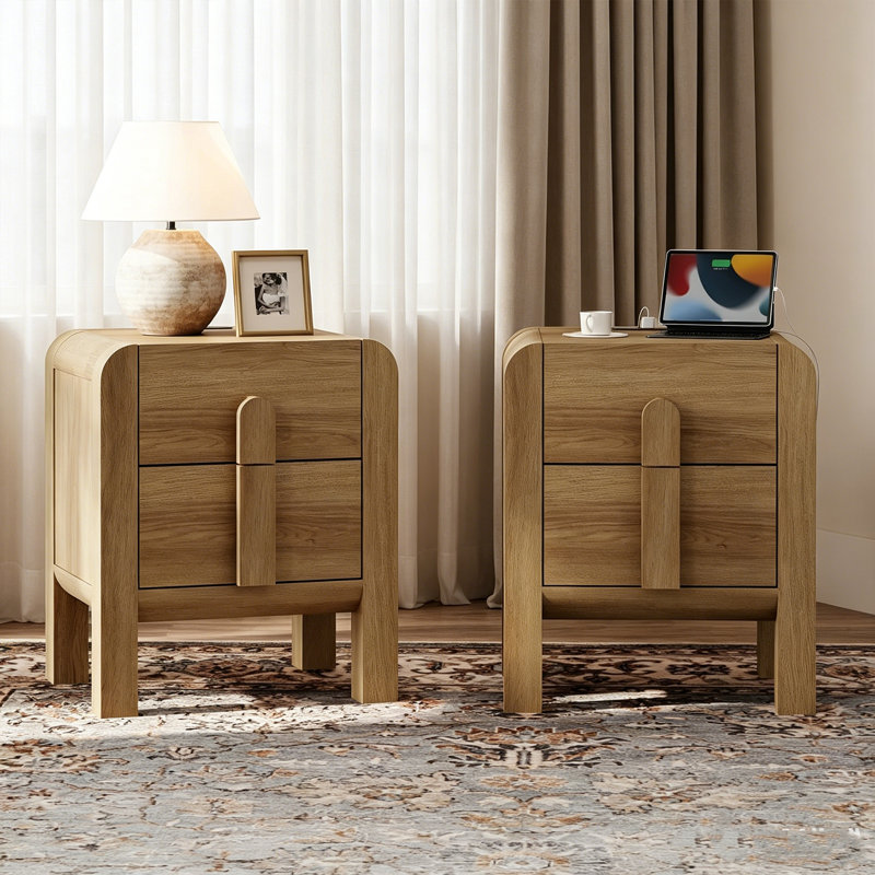 Adora Modern Wood Nightstand Set Of 2 With Drawers ,Curved Mid-Century End Table With Built-In Charging Station For Bedroom, Living Room,Entryway