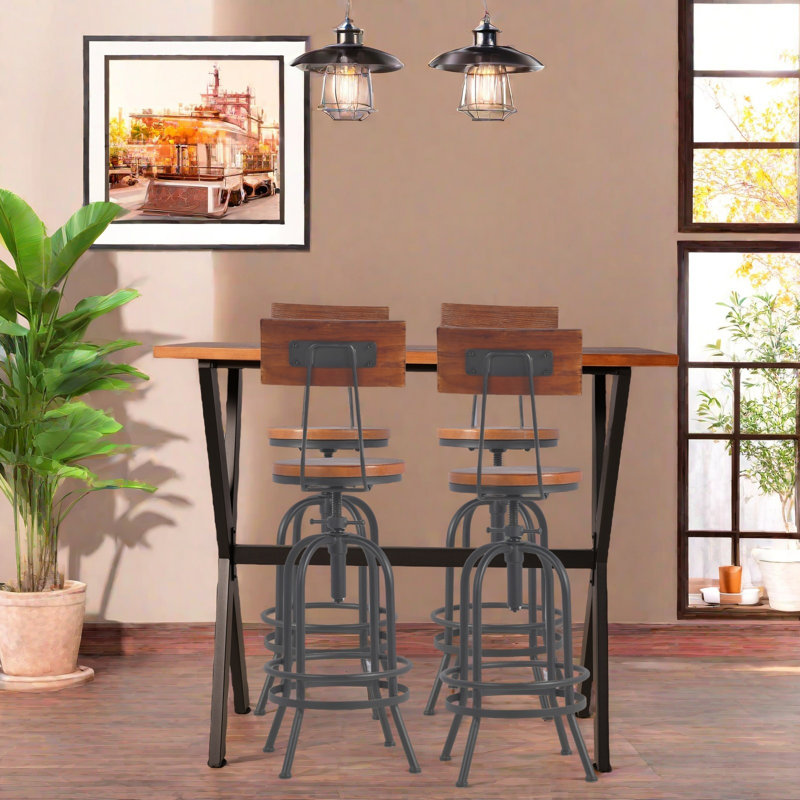 Table & Chairs Set, Space-Saving Furniture For Home Bar Dining Cafe Pub Party, Industrial Metal & Rustic Brown Wood, Heavy Duty, X-Leg Rectangular Table, Swivel Adjustable Bar Stools