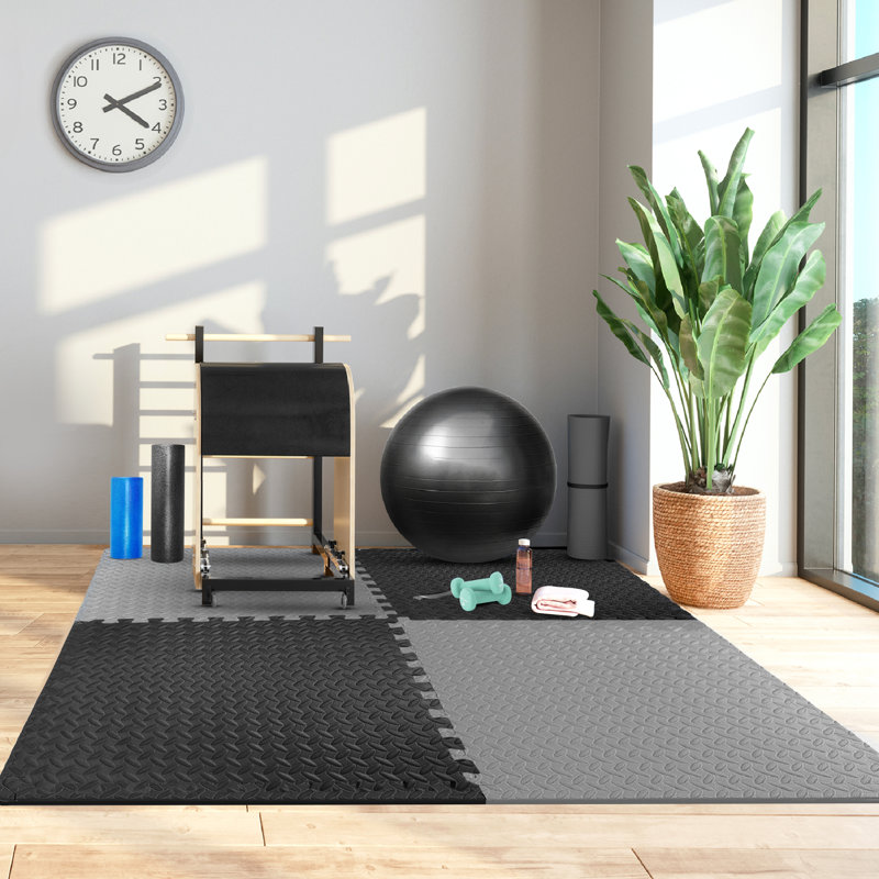 Black and Gray EVA Foam Interlocking Gym Floor Tiles, 12'' x 12''