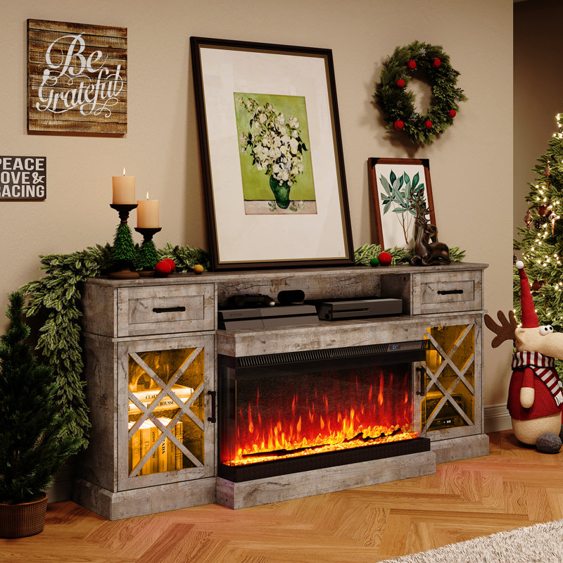 Alvilda 70" Farmhouse LED Fireplace TV Stand, Gray