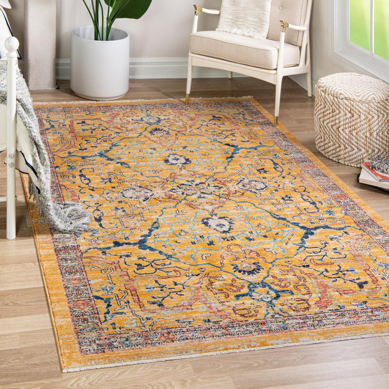 Tapis jaune / bleu / rouge Indigo, Rectangle 7 pi 10 po x 11 pi