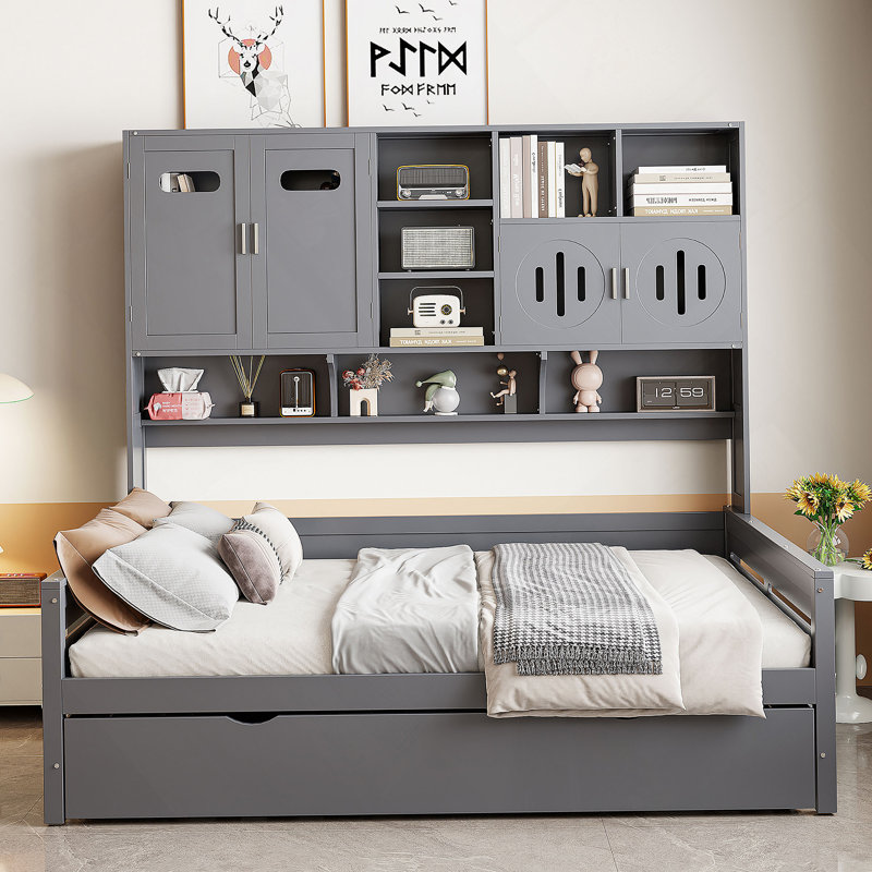 Lit de jour en bois pleine grandeur avec lit gigogne simple, armoire et tablette tout-en-un, Gris, Complet/Double
