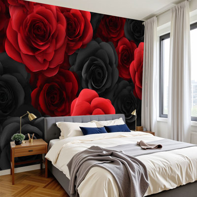 Peel and Stick Wallpaper Red Black Roses Floral Dark Wall Murals 100"H x 144"W Removable PVC Wall Paper Self-Adhesive Wall Paintings Art Decor for Bedroom Living Room