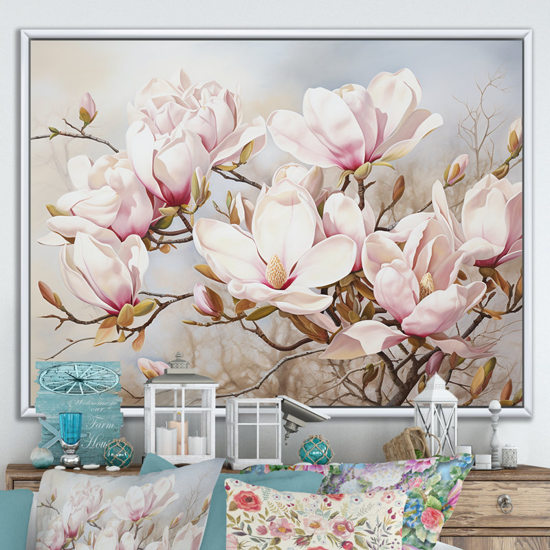 «Magnolias On The Beach I», reproduction sur toile, Cadre flottant blanc, 24" H x 32" W