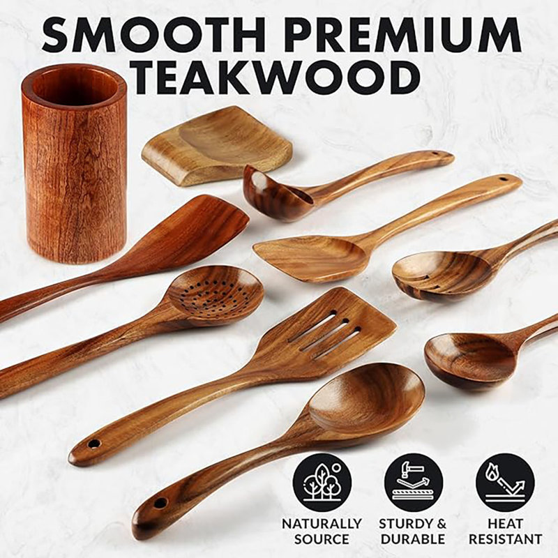 Teak Wood 10-Piece Cooking Utensil Set with Holder