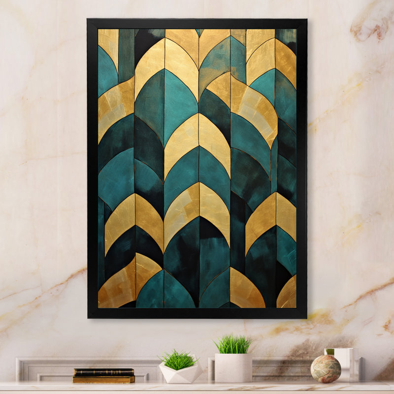 Émeraude et arches dorées V sur toile, Cadre simple noir, H 32 po x l 24 po x P 1 po