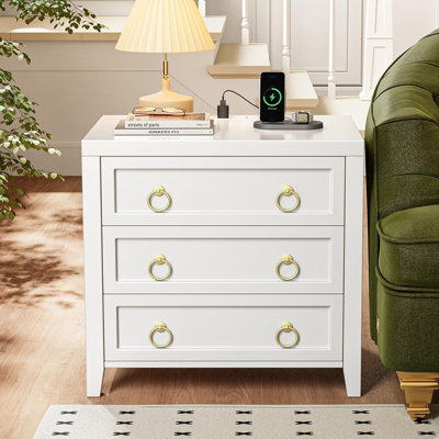 Night Stand With Charger Station And Usb-c Port, 3 Drawer Nightstand, Larger Wider Bedside Table, Modern Side End Table, For Bedroom, White Nightstand