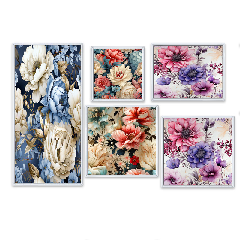 Ramires - Ensemble de 5 décorations murales florales, Cadre flottant blanc