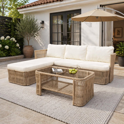 Ensemble de mobilier d'extérieur en rotin de polyuréthane durable avec structure en fer, canapé de conversation en osier beige foncé pour balcons et patios
