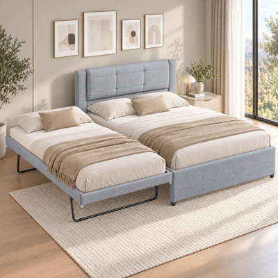 Space-Saving Twin/Full Bed Frame with Adjustable Trundle and Linen Headboard