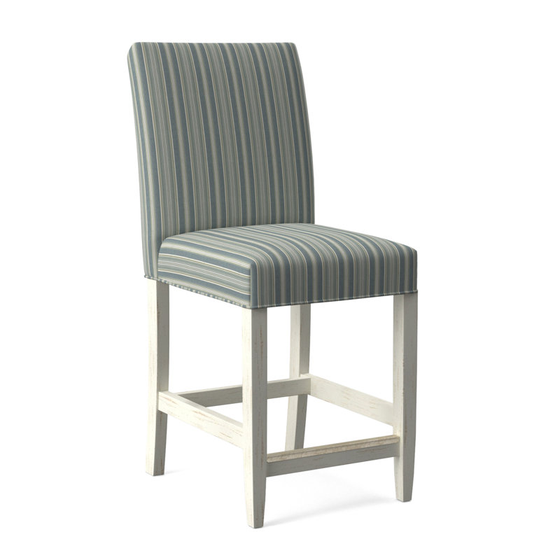 Manhattan Upholstered Stool with Solid Wood Frame, Green and Blue Stripe; 0252-54, Antique Frost White Finish