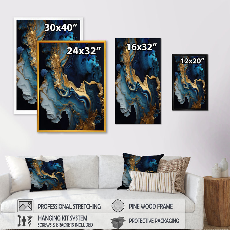 «Abstract Geode Marble Blue III», art abstrait sur toile marbrée, Impression noire sur toile encadrée, L 12 po x H 20 po