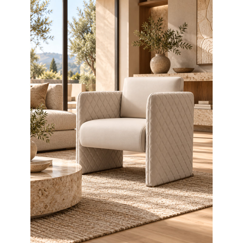 Glusso Modern Faux Leather Lounge Chair with Diamond-Quilted Armrests – Sand or White, Sand Faux Leather
