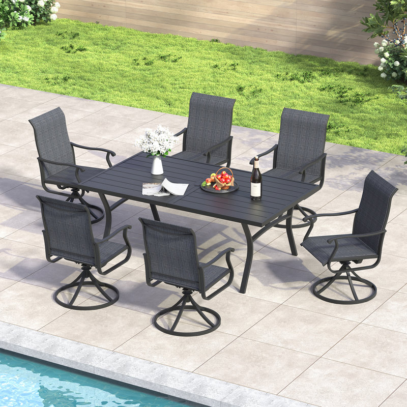 6-Person Patio Dining Set with 63" Metal Curved Dining Table and PVC-coated polyester Swivel Dining Chairs, Black