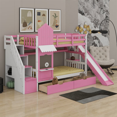 Castle Style Bunk Bed With 2 Drawers 3 Shelves And Slide