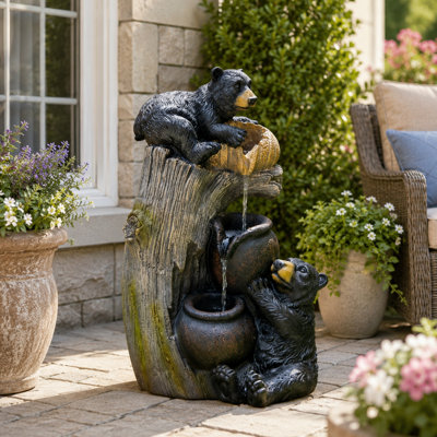 Outdoor Water Fountain with LED Lights Resin Bear Garden Fountain for Patio Yard Decor