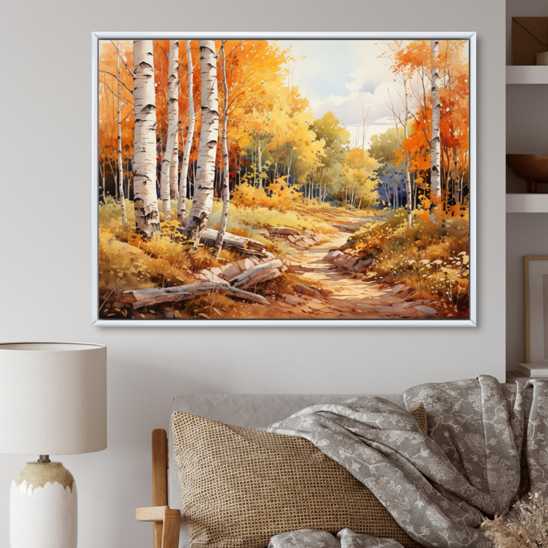 Birch Woods Gilded Pathway II - Imprimé, H 12 po x l 20 po x P 1 po, Cadre flottant blanc