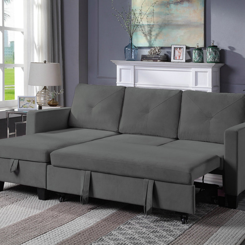 Canapé-lit modulaire en velours réversible avec méridienne de rangement, Gris foncé