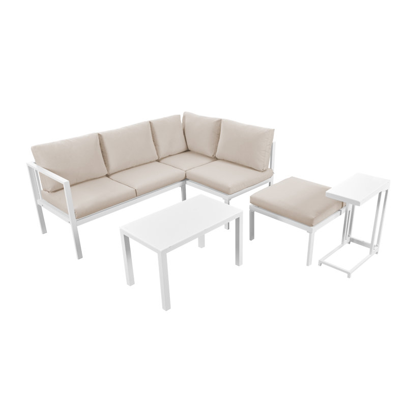 6-8 Seater Garden Furniture Package With A Coffee Table And A Removable Side Table, Beige, White