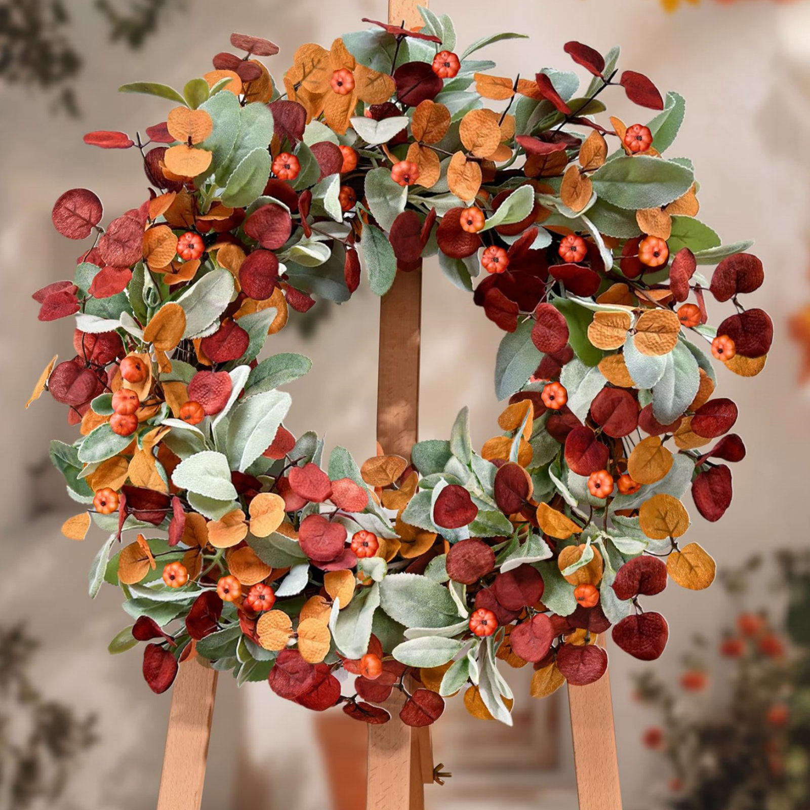 Primrue 22" Fall Wreath with Pumpkins & Eucalyptus Front Door Thanksgiving & Harvest Decor | Wayfair