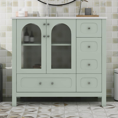 Meuble-lavabo 36 po avec portes en verre texturé gaufré et quatre tiroirs
