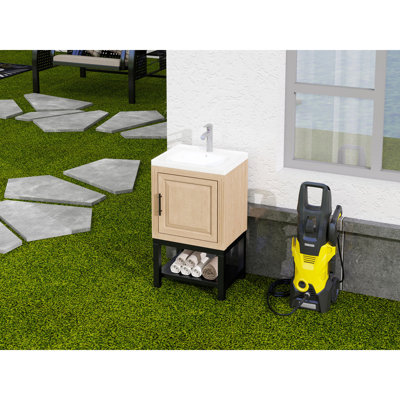 Petit meuble-lavabo de 20 po avec lavabo et robinet d'eau chaude et froide, armoire de salle de bain autoportante avec lavabo en céramique, rangement pour salle de bain avec 1 porte et tablette ouverte en fer
