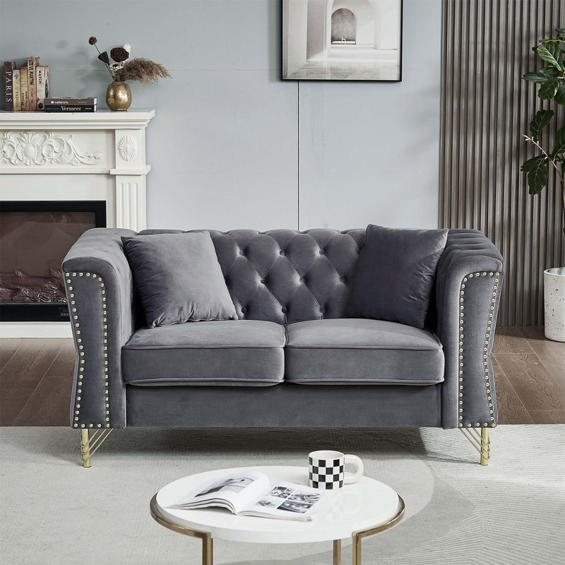 Velvet Sofa Tufted Couch, Grey, 29.5" H x 60.2" W x 31.8" D