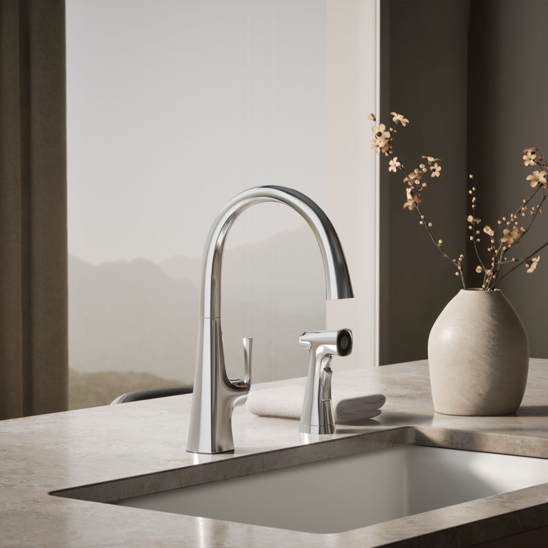 Graze Kitchen Sink Swing Spout Faucet With Sidespray, Polished Chrome