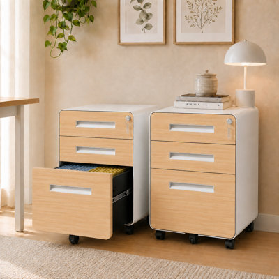 Bizoe Oak 3-Drawer Mobile File Cabinet with Lock, BIFMA Accredited, Rounded Corners for Home Office