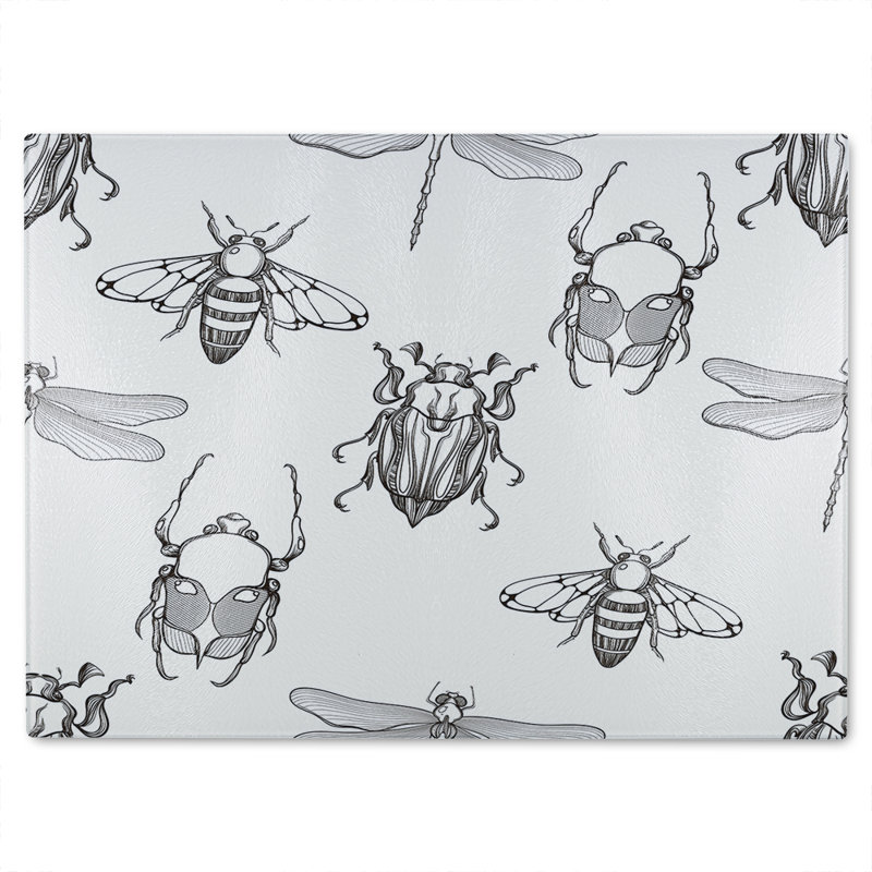 Sketch Of Scarab Beetle May Bug Bee And Dragonfly Glass Chopping Board, 40cm L x 28cm W