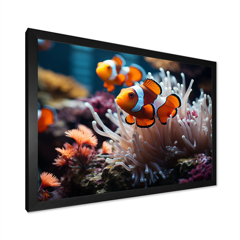 «Orange clownfish», art marin mural, Cadre simple noir, H 16 po x l 32 po x P 1 po