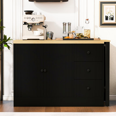 89.7'' Multifunctional Sideboard With Pull - Out Dining Table, Adjustable Shelf, Spacious Drawers And Smooth Painted Surface For Home Wooden Extendable Storage Cabinet 2 Doors 3 Living Room, Study,