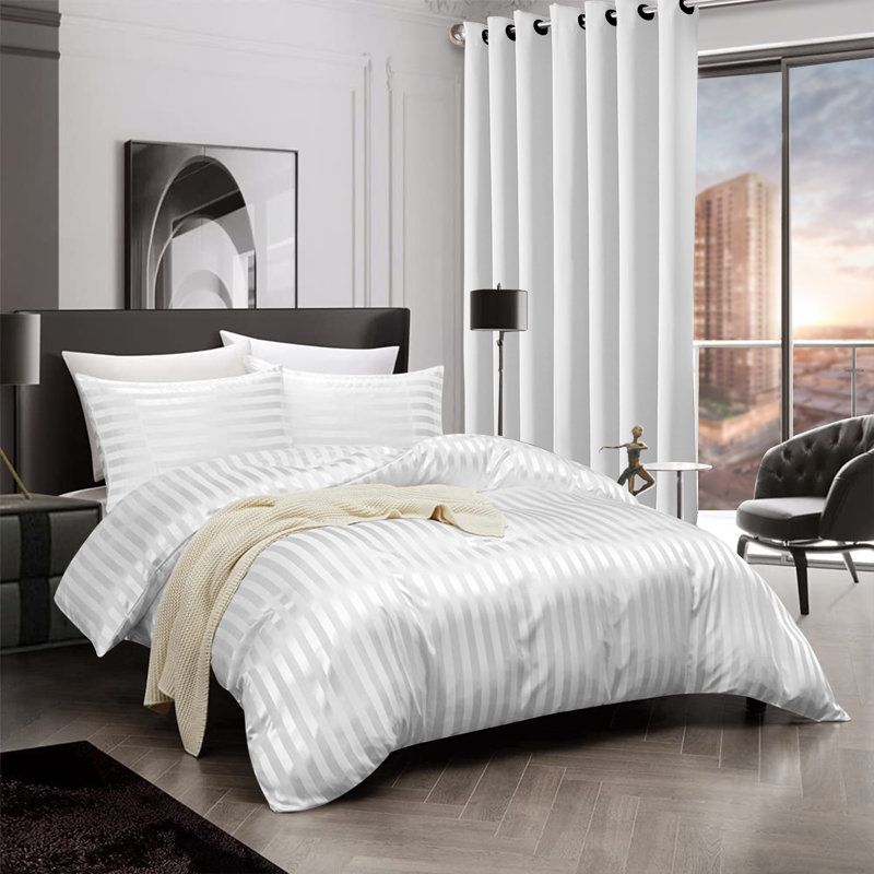 Microfiber Striped Bedding with Pillowcases, King Duvet Cover + 2 Standard Pillowcases, White