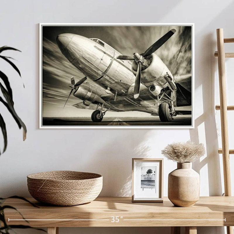 Avion rétro monochrome, Cadre flottant blanc, 25 po x 17 po