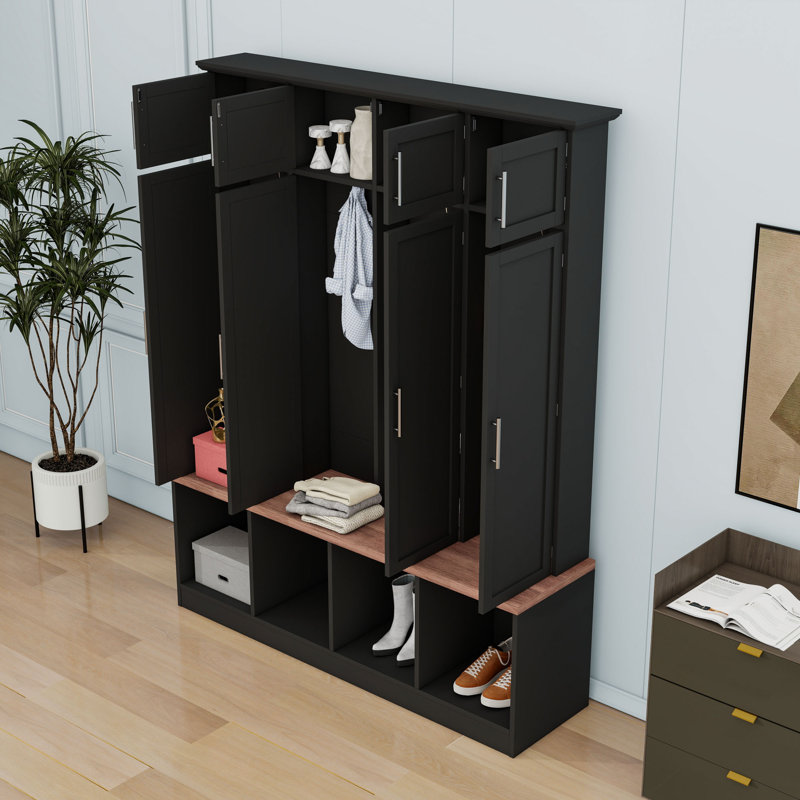 Arbre d'entrée classique 4-en-1 avec banc, banc de rangement pour chaussures, crochets de suspension et armoires Classic