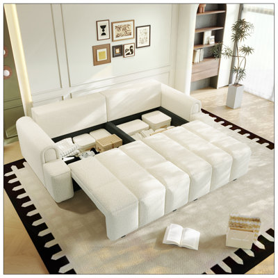 Canapé-lit 90 po en sherpa moderne confortable à 90 places avec rangement pour sièges, très grand canapé-lit convertible 3 en 1 pour salon, bureau, appartement, beige / blanc