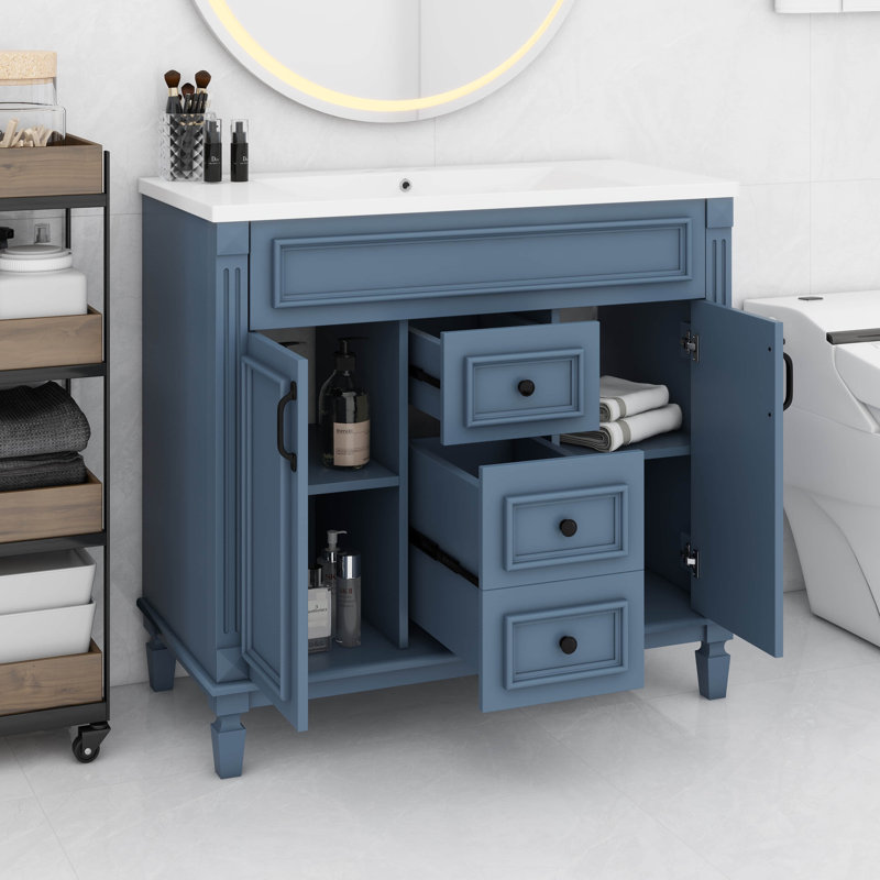 Meuble-lavabo 36 po avec lavabo supérieur, armoire de rangement moderne avec 2 portes à fermeture douce et 2 tiroirs, Bleu