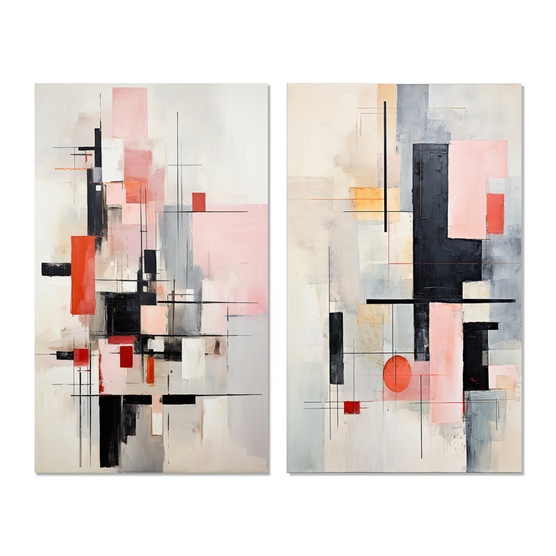 «Perspectives fragmentées de rose et de suprématisme» - 2 pièces, H 32 po x l 32 po, Toile tendue