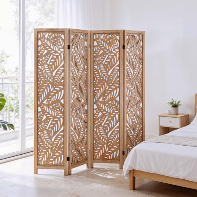 4 Panel Folding Wood Room Divider Carved Privacy Screens by Gracie Oaks