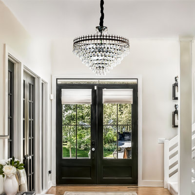 Clear Crystal Chandelier Vintage Farmhouse Round Ceiling Chandelier Pendant Lamp With Matt Black Iron Frame