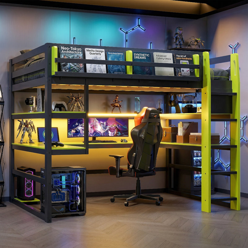 Lit mezzanine en bois de 78 po avec bureau de jeu et lumières à DEL RVB - Cadre double / double robuste avec ports USB et support de chevet