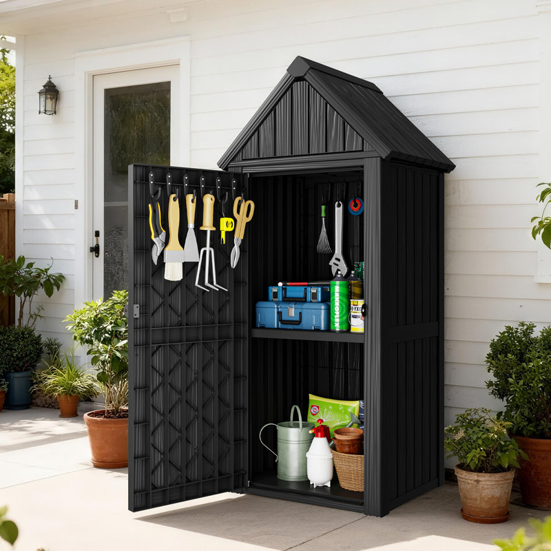 Outdoor Resin Storage Cabinet with Hooks and Lock Ring, Outdoor Storage Tool Shed, Garden Storage Cabinet , Dark Gray