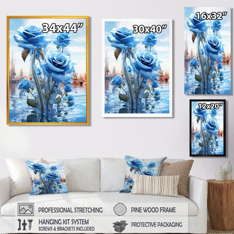 Roses bleues magiques dans le lac - salon d'art mural Roses, Toile avec cadre flottant noir, H 20 po x l 12 po x P 1 po