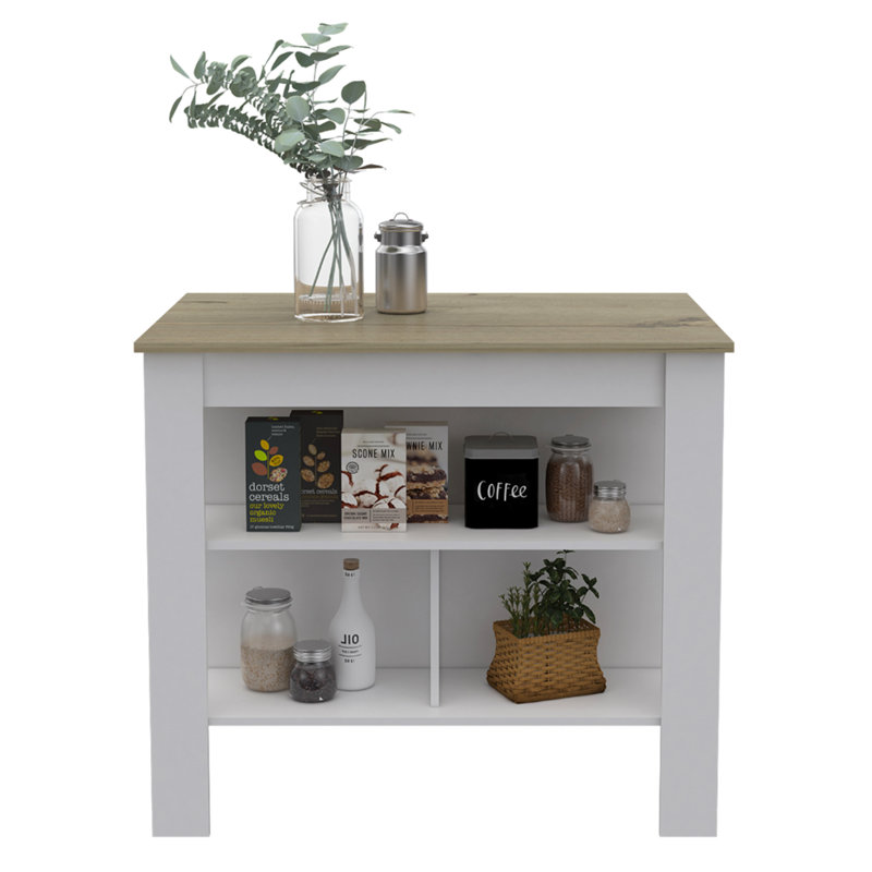 Îlot de cuisine H 35,4 po, avec 3 tablettes, pin clair, Blanc, Panneau de particules